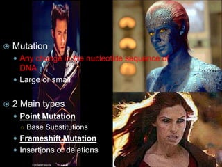    Mutation
     Any change in the nucleotide sequence of
      DNA
     Large or small


   2 Main types
     Point Mutation
      ○ Base Substitutions
     Frameshift Mutation
     Insertions or deletions
 