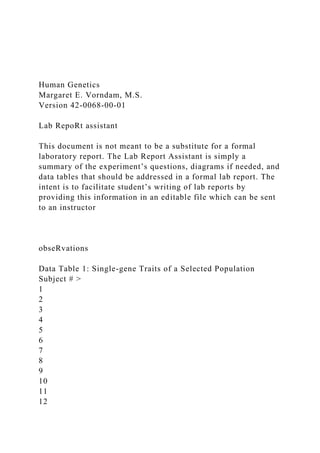 Human Genetics
Margaret E. Vorndam, M.S.
Version 42-0068-00-01
Lab RepoRt assistant
This document is not meant to be a substitute for a formal
laboratory report. The Lab Report Assistant is simply a
summary of the experiment’s questions, diagrams if needed, and
data tables that should be addressed in a formal lab report. The
intent is to facilitate student’s writing of lab reports by
providing this information in an editable file which can be sent
to an instructor
obseRvations
Data Table 1: Single-gene Traits of a Selected Population
Subject # >
1
2
3
4
5
6
7
8
9
10
11
12
 