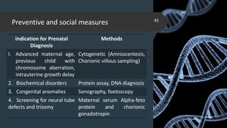 Preventive and social measures
Indication for Prenatal
Diagnosis
Methods
I. Advanced maternal age,
previous child with
chromosome aberration,
intrauterine growth delay
Cytogenetic (Amniocentesis,
Chorionic villous sampling)
2. Biochemical disorders Protein assay, DNA diagnosis
3. Congenital anomalies Sonography, foetoscopy
4. Screening for neural tube
defects and trisomy
Maternal serum Alpha-feto
protein and chorionic
gonadotropin 02-02-2018
45
 