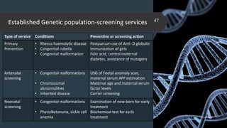 Established Genetic population-screening services
Type of service Conditions Preventive or screening action
Primary
Prevention
• Rhesus haemolytic disease
• Congenital rubella
• Congenital malformation
Postpartum use of Anti- D globulin
Immunization of girls
Folic acid, control maternal
diabetes, avoidance of mutagens
Antenatal
screening
• Congenital malformations
• Chromosomal
abnormalities
• Inherited disease
USG of Foetal anomaly scan,
maternal serum AFP estimation
Maternal age and maternal serum
factor levels
Carrier screening
Neonatal
screening
• Congenital malformations
• Phenylketonuria, sickle cell
anemia
Examination of new-born for early
treatment
Biochemical test for early
treatment 02-02-2018
47
 