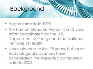 Background

• begun formally in 1990
• the Human Genome Project is a 13­year 
  effort coordinated by the U.S. 
  Department of Energy and the National 
  Institutes of Health.
• It was planned to last 15 years, but rapid 
  technological advances have 
  accelerated the expected completion 
  date to 2003. 
 