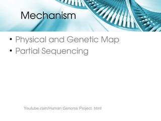 Mechanism

• Physical and Genetic Map
• Partial Sequencing




   Youtube.com/Human Genome Project. html
 