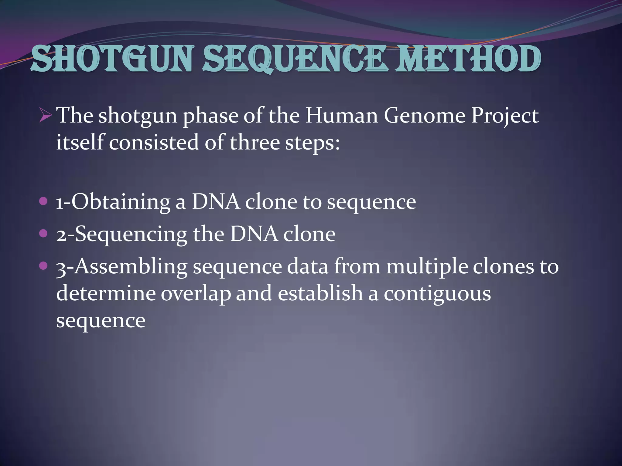 Shotgun sequence method
 The shotgun phase of the Human Genome Project
 itself consisted of three steps:

 1-Obtaining a DNA clone to sequence
 2-Sequencing the DNA clone
 3-Assembling sequence data from multiple clones to
 determine overlap and establish a contiguous
 sequence
 
