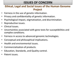 ISSUES OF CONCERN 
Ethical, Legal and Social issues of the Human Genome 
Project 
• Fairness in the use of genetic information. 
• Privacy and confidentiality of genetic information. 
• Psychological impact, stigmatization, and discrimination. 
• Reproductive issues. 
• Clinical issues. 
• Uncertainties associated with gene tests for susceptibilities and 
complex conditions. 
• Fairness in access to advanced genomic technologies. 
• Conceptual and philosophical implications. 
• Health and environmental issues. 
• Commercialization of products. 
• Education, Standards, and Quality control. 
• Patent issues. 
 