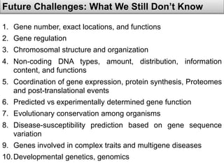 Future Challenges: What We Still Don’t Know 
1. Gene number, exact locations, and functions 
2. Gene regulation 
3. Chromosomal structure and organization 
4. Non-coding DNA types, amount, distribution, information 
content, and functions 
5. Coordination of gene expression, protein synthesis, Proteomes 
and post-translational events 
6. Predicted vs experimentally determined gene function 
7. Evolutionary conservation among organisms 
8. Disease-susceptibility prediction based on gene sequence 
variation 
9. Genes involved in complex traits and multigene diseases 
10.Developmental genetics, genomics 
 