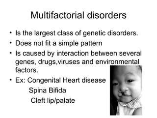 Multifactorial disorders Is the largest class of genetic disorders. Does not fit a simple pattern Is caused by interaction between several genes, drugs,viruses and environmental factors. Ex: Congenital Heart disease   Spina Bifida   Cleft lip/palate 