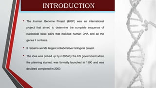 INTRODUCTION
• The Human Genome Project (HGP) was an international
project that aimed to determine the complete sequence of
nucleotide base pairs that makeup human DNA and all the
genes it contains.
• It remains worlds largest collaborative biological project.
• The idea was picked up by in1984by the US government when
the planning started, was formally launched in 1990 and was
declared completed in 2003
 