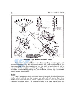 32
Methods of Using Dogs for Pulling the Sledge
Sometimes it becomes difficult to feed these dogs. They must be supplied seal
meat throughout the winter. The dogs are well trained, and a good leader (dog) can find
his way on dark nights and in snowstorms to a food depot or camping site. A pair of
reindeer will draw a sledge laden with up to 40 kgs at a rate of 4 kms an hour. The
reindeer is suitable for long journeys and slow migration, while the dog is suitable for
hunting trip and fast migration.
Society
Most Eskimos traditionally have lived primarily as hunters of maritime mammals
(seals, walrus, whales), and the structure and ethos of their culture have been
fundamentally oriented to the sea. This is a patrilineal society in which the oldest man
commands the highest respect. The „old man‟-the ablest of the elders in every group and
 