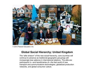 Global Social Hierarchy: United Kingdom
The “elite stratum” of the new social hierarchy, core countries will
continue to advance as traditional geographic groupings will
increasingly lose salience in international relations. The elite are
participants in—and beneficiaries of—the fast world of new
transport and communications technologies, globalized production
networks, and global consumer culture.
 