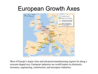 European Growth Axes
Most of Europe’s major cities and advanced manufacturing regions lie along a
crescent-shaped axis. European industries are world leaders in chemicals,
insurance, engineering, construction, and aerospace industries.
 