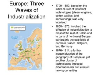 Europe: Three
Waves of
Industrialization
• 1790–1850: based on the
initial cluster of industrial
technologies (steam engines,
cotton textiles, and
ironworking); was very
localized
• 1858–1870: involved the
diffusion of industrialization to
most of the rest of Britain and
to parts of northwest Europe,
particularly the coalfields of
northern France, Belgium,
and Germany
• 1870–1914: a further
industrialization of the
geography of Europe as yet
another cluster of
technologies imposed
different needs and created
new opportunities
 