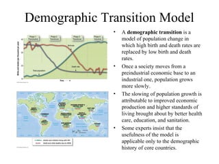 Demographic Transition Model
• A demographic transition is a
model of population change in
which high birth and death rates are
replaced by low birth and death
rates.
• Once a society moves from a
preindustrial economic base to an
industrial one, population grows
more slowly.
• The slowing of population growth is
attributable to improved economic
production and higher standards of
living brought about by better health
care, education, and sanitation.
• Some experts insist that the
usefulness of the model is
applicable only to the demographic
history of core countries.
 