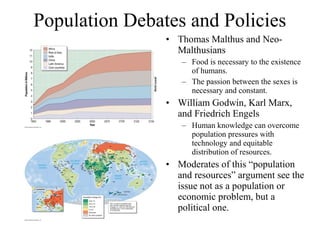 Population Debates and Policies
• Thomas Malthus and Neo-
Malthusians
– Food is necessary to the existence
of humans.
– The passion between the sexes is
necessary and constant.
• William Godwin, Karl Marx,
and Friedrich Engels
– Human knowledge can overcome
population pressures with
technology and equitable
distribution of resources.
• Moderates of this “population
and resources” argument see the
issue not as a population or
economic problem, but a
political one.
 