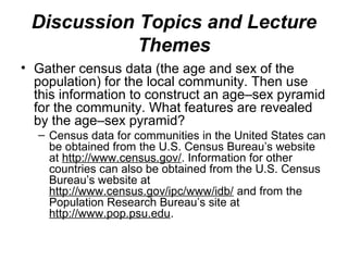 Discussion Topics and Lecture
Themes
• Gather census data (the age and sex of the
population) for the local community. Then use
this information to construct an age–sex pyramid
for the community. What features are revealed
by the age–sex pyramid?
– Census data for communities in the United States can
be obtained from the U.S. Census Bureau’s website
at http://www.census.gov/. Information for other
countries can also be obtained from the U.S. Census
Bureau’s website at
http://www.census.gov/ipc/www/idb/ and from the
Population Research Bureau’s site at
http://www.pop.psu.edu.
 