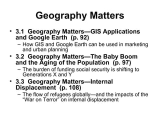 Geography Matters
• 3.1 Geography Matters—GIS Applications
and Google Earth (p. 92)
– How GIS and Google Earth can be used in marketing
and urban planning
• 3.2 Geography Matters—The Baby Boom
and the Aging of the Population (p. 97)
– The burden of funding social security is shifting to
Generations X and Y
• 3.3 Geography Matters—Internal
Displacement (p. 108)
– The flow of refugees globally—and the impacts of the
“War on Terror” on internal displacement
 