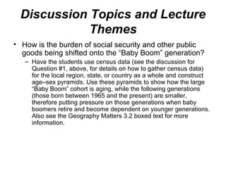 Discussion Topics and Lecture
Themes
• How is the burden of social security and other public
goods being shifted onto the “Baby Boom” generation?
– Have the students use census data (see the discussion for
Question #1, above, for details on how to gather census data)
for the local region, state, or country as a whole and construct
age–sex pyramids. Use these pyramids to show how the large
“Baby Boom” cohort is aging, while the following generations
(those born between 1965 and the present) are smaller,
therefore putting pressure on those generations when baby
boomers retire and become dependent on younger generations.
Also see the Geography Matters 3.2 boxed text for more
information.
 