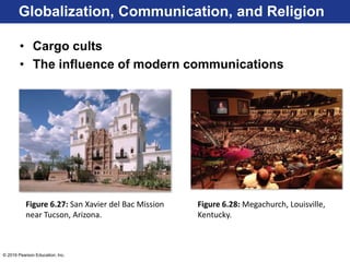 © 2016 Pearson Education, Inc.
• Cargo cults
• The influence of modern communications
Globalization, Communication, and Religion
Figure 6.27: San Xavier del Bac Mission
near Tucson, Arizona.
Figure 6.28: Megachurch, Louisville,
Kentucky.
 