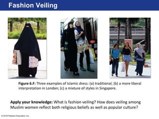 © 2016 Pearson Education, Inc.
Fashion Veiling
Figure 6.F: Three examples of Islamic dress: (a) traditional; (b) a more liberal
interpretation in London; (c) a mixture of styles in Singapore.
Apply your knowledge: What is fashion veiling? How does veiling among
Muslim women reflect both religious beliefs as well as popular culture?
 
