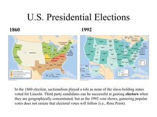 U.S. Presidential Elections
1860                                       1992




 In the 1860 election, sectionalism played a role as none of the slave-holding states
 voted for Lincoln. Third party candidates can be successful at gaining electors when
 they are geographically concentrated, but as the 1992 vote shows, garnering popular
 votes does not ensure that electoral votes will follow (i.e., Ross Perot).
 