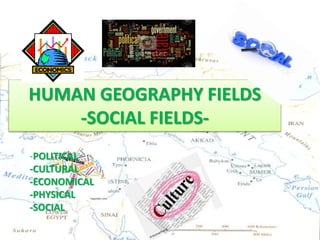 HUMAN GEOGRAPHY FIELDS
HUMAN GEOGRAPHY FIELDS
-SOCIAL FIELDS-
-POLITICAL
-CULTURAL
-ECONOMICAL
-PHYSICAL
-SOCIAL
 