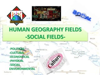 HUMAN GEOGRAPHY FIELDS
HUMAN GEOGRAPHY FIELDS
-SOCIAL FIELDS-
-POLITICAL
-CULTURAL
-ECONOMICAL
-PHYSICAL
-SOCIAL
ENVORONMENTAL
 