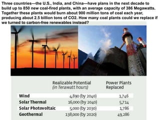 Three countries—the U.S., India, and China—have plans in the next decade to
build up to 850 new coal-fired plants, with an average capacity of 386 Megawatts.
Together these plants would burn about 900 million tons of coal each year,
producing about 2.5 billion tons of CO2. How many coal plants could we replace if
we turned to carbon-free renewables instead?
 