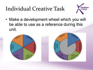 Individual Creative Task
• Make a development wheel which you will
be able to use as a reference during this
unit.
 