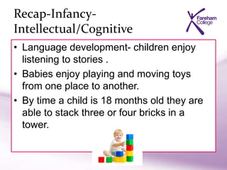 Recap-Infancy-
Intellectual/Cognitive
• Language development- children enjoy
listening to stories .
• Babies enjoy playing and moving toys
from one place to another.
• By time a child is 18 months old they are
able to stack three or four bricks in a
tower.
 