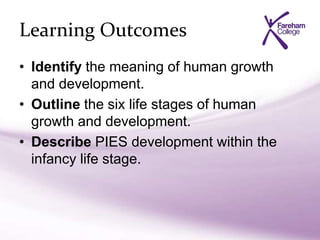 Learning Outcomes
• Identify the meaning of human growth
and development.
• Outline the six life stages of human
growth and development.
• Describe PIES development within the
infancy life stage.
 