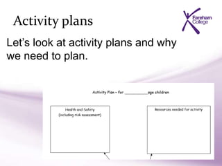 Activity plans
Let’s look at activity plans and why
we need to plan.
 