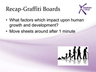 Recap-Graffiti Boards
• What factors which impact upon human
growth and development?
• Move sheets around after 1 minute
 