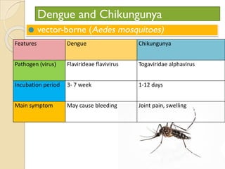 Dengue and Chikungunya
⚫ vector-borne (Aedes mosquitoes)
Features Dengue Chikungunya
Pathogen (virus) Flavirideae flavivirus Togaviridae alphavirus
Incubation period 3- 7 week 1-12 days
Main symptom May cause bleeding Joint pain, swelling
 