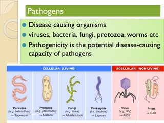 Pathogens
⚫ Disease causing organisms
⚫ viruses, bacteria, fungi, protozoa, worms etc
⚫ Pathogenicity is the potential disease-causing
capacity of pathogens
 