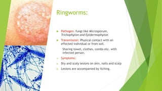 Ringworms:
 Pathogen: fungi like Microsporum,
Trichophyton and Epidermophyton
 Transmission: Physical contact with an
effected individual or from soil.
Sharing towel, clothes, combs etc. with
infected person.
 Symptoms:
a. Dry and scaly lesions on skin, nails and scalp
b. Lesions are accompanied by itching.
 