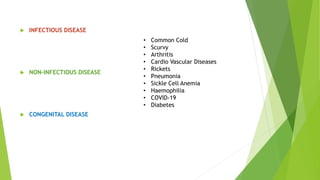  INFECTIOUS DISEASE
 NON-INFECTIOUS DISEASE
 CONGENITAL DISEASE
• Common Cold
• Scurvy
• Arthritis
• Cardio Vascular Diseases
• Rickets
• Pneumonia
• Sickle Cell Anemia
• Haemophilia
• COVID-19
• Diabetes
 