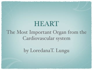 HEART
The Most Important Organ from the
      Cardiovascular system

       by LoredanaT. Lungu
 