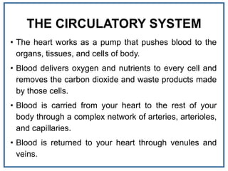 THE CIRCULATORY SYSTEM
• The heart works as a pump that pushes blood to the
organs, tissues, and cells of body.
• Blood delivers oxygen and nutrients to every cell and
removes the carbon dioxide and waste products made
by those cells.
• Blood is carried from your heart to the rest of your
body through a complex network of arteries, arterioles,
and capillaries.
• Blood is returned to your heart through venules and
veins.
 