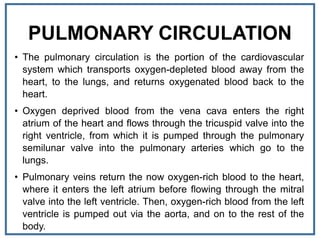 PULMONARY CIRCULATION
• The pulmonary circulation is the portion of the cardiovascular
system which transports oxygen-depleted blood away from the
heart, to the lungs, and returns oxygenated blood back to the
heart.
• Oxygen deprived blood from the vena cava enters the right
atrium of the heart and flows through the tricuspid valve into the
right ventricle, from which it is pumped through the pulmonary
semilunar valve into the pulmonary arteries which go to the
lungs.
• Pulmonary veins return the now oxygen-rich blood to the heart,
where it enters the left atrium before flowing through the mitral
valve into the left ventricle. Then, oxygen-rich blood from the left
ventricle is pumped out via the aorta, and on to the rest of the
body.
 