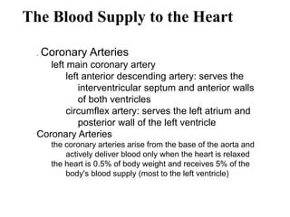 The Blood Supply to the Heart
. Coronary Arteries
left main coronary artery
left anterior descending artery: serves the
interventricular septum and anterior walls
of both ventricles
circumflex artery: serves the left atrium and
posterior wall of the left ventricle
Coronary Arteries
the coronary arteries arise from the base of the aorta and
actively deliver blood only when the heart is relaxed
the heart is 0.5% of body weight and receives 5% of the
body's blood supply (most to the left ventricle)
 