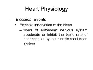Heart Physiology
– Electrical Events
• Extrinsic Innervation of the Heart
– fibers of autonomic nervous system
accelerate or inhibit the basic rate of
heartbeat set by the intrinsic conduction
system
 