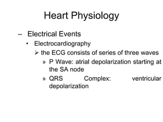 Heart Physiology
– Electrical Events
• Electrocardiography
 the ECG consists of series of three waves
» P Wave: atrial depolarization starting at
the SA node
» QRS Complex: ventricular
depolarization
 