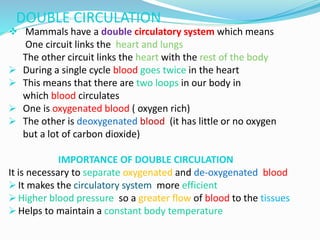 DOUBLE CIRCULATION
 Mammals have a double circulatory system which means
One circuit links the heart and lungs
The other circuit links the heart with the rest of the body
 During a single cycle blood goes twice in the heart
 This means that there are two loops in our body in
which blood circulates
 One is oxygenated blood ( oxygen rich)
 The other is deoxygenated blood (it has little or no oxygen
but a lot of carbon dioxide)
IMPORTANCE OF DOUBLE CIRCULATION
It is necessary to separate oxygenated and de-oxygenated blood
 It makes the circulatory system more efficient
 Higher blood pressure so a greater flow of blood to the tissues
 Helps to maintain a constant body temperature
 