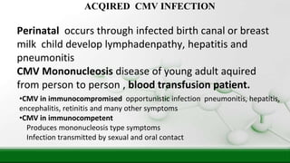 Perinatal occurs through infected birth canal or breast
milk child develop lymphadenpathy, hepatitis and
pneumonitis
CMV Mononucleosis disease of young adult aquired
from person to person , blood transfusion patient.
ACQIRED CMV INFECTION
•CMV in immunocompromised opportunistic infection pneumonitis, hepatitis,
encephalitis, retinitis and many other symptoms
•CMV in immunocompetent
Produces mononucleosis type symptoms
Infection transmitted by sexual and oral contact
 