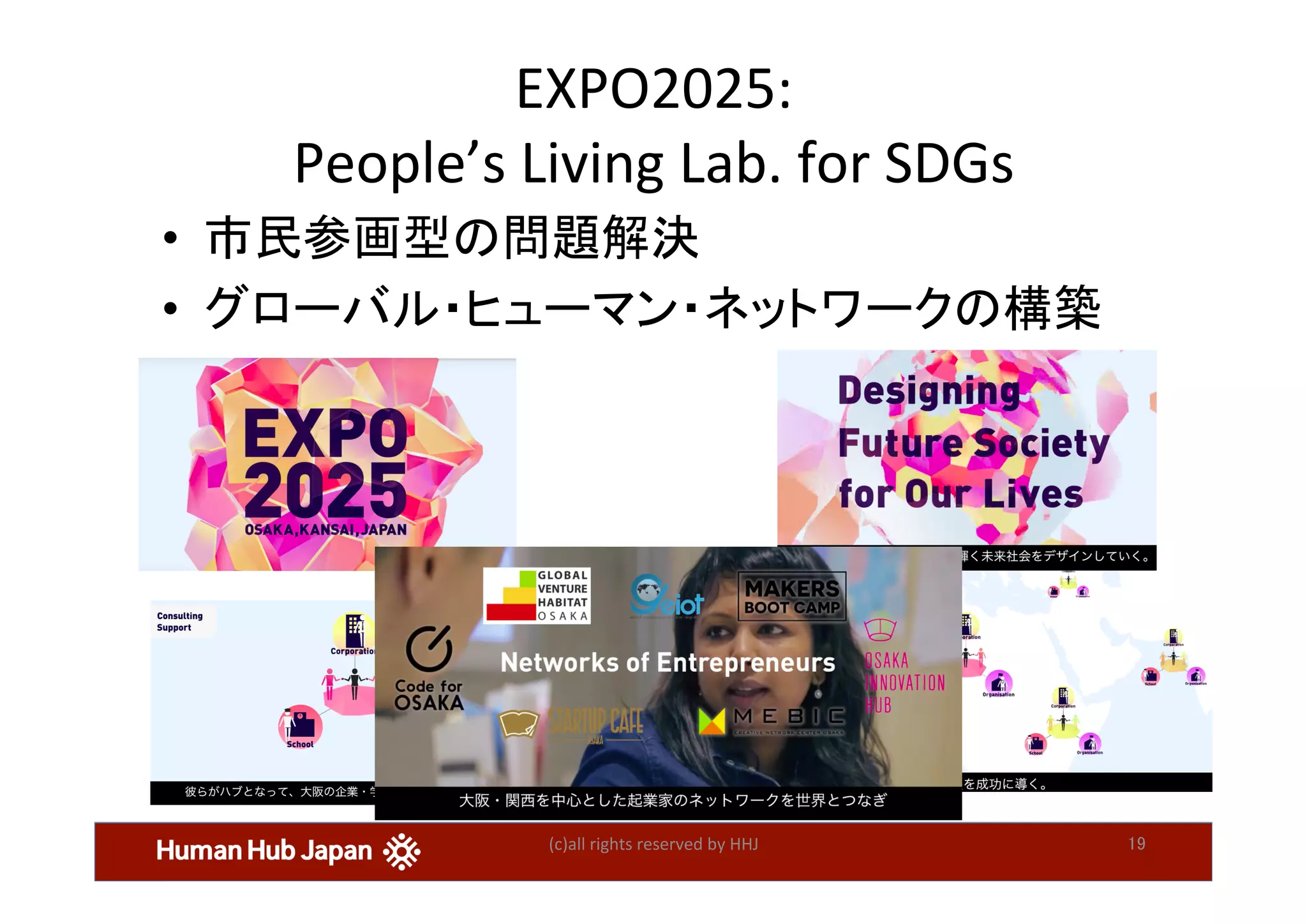 EXPO2025:	
People’s	Living	Lab.	for	SDGs	
•  市民参画型の問題解決	
•  グローバル・ヒューマン・ネットワークの構築	
(c)all	rights	reserved	by	HHJ	 19	
 