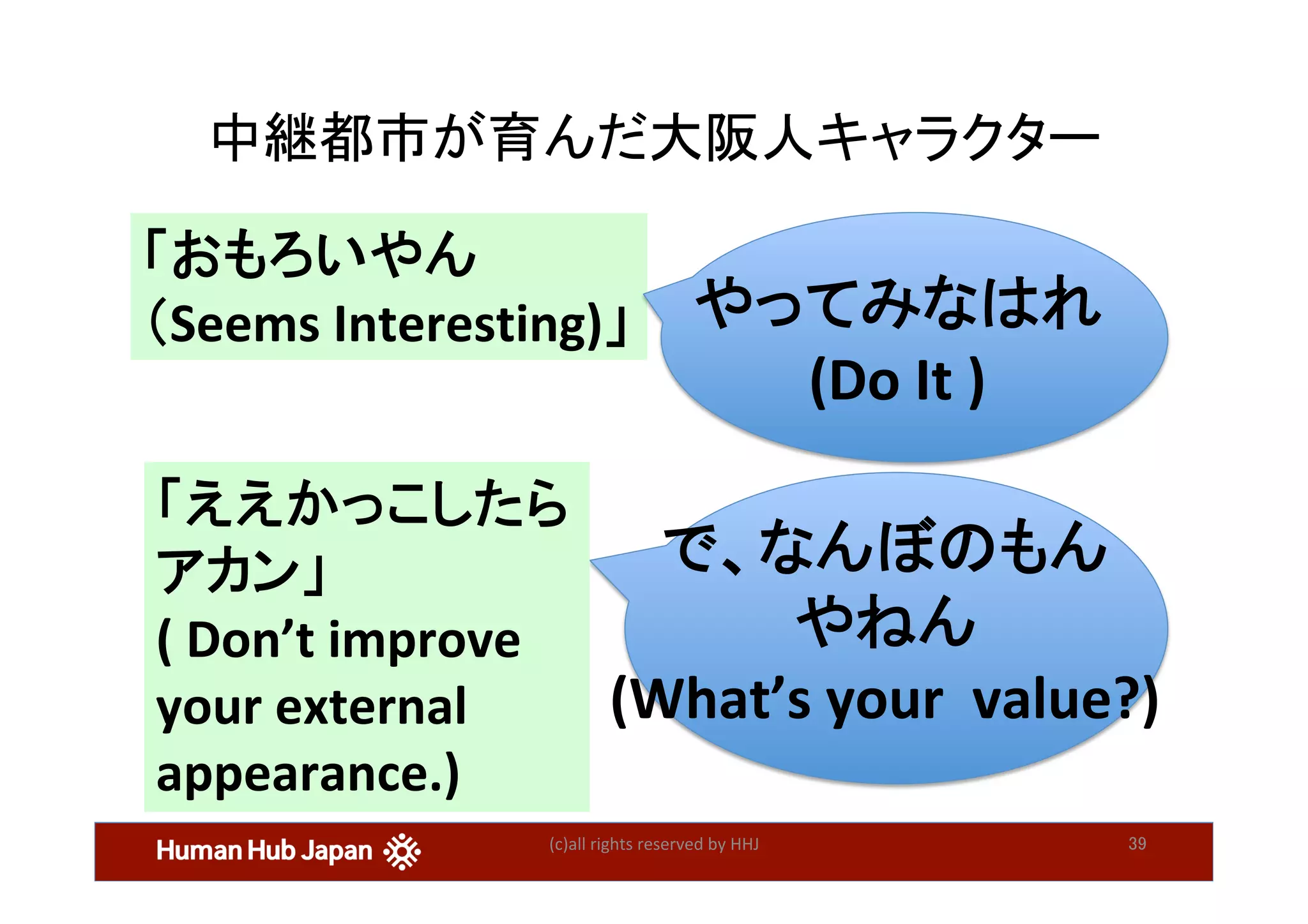 (c)all	rights	reserved	by	HHJ	 39	
中継都市が育んだ大阪人キャラクター	
「おもろいやん	
（Seems	Interesting)」	 やってみなはれ	
(Do	It	)	
で、なんぼのもん	
やねん	
(What’s	your		value?)	
「ええかっこしたら
アカン」	
(	Don’t	improve	
your	external	
appearance.)	
 