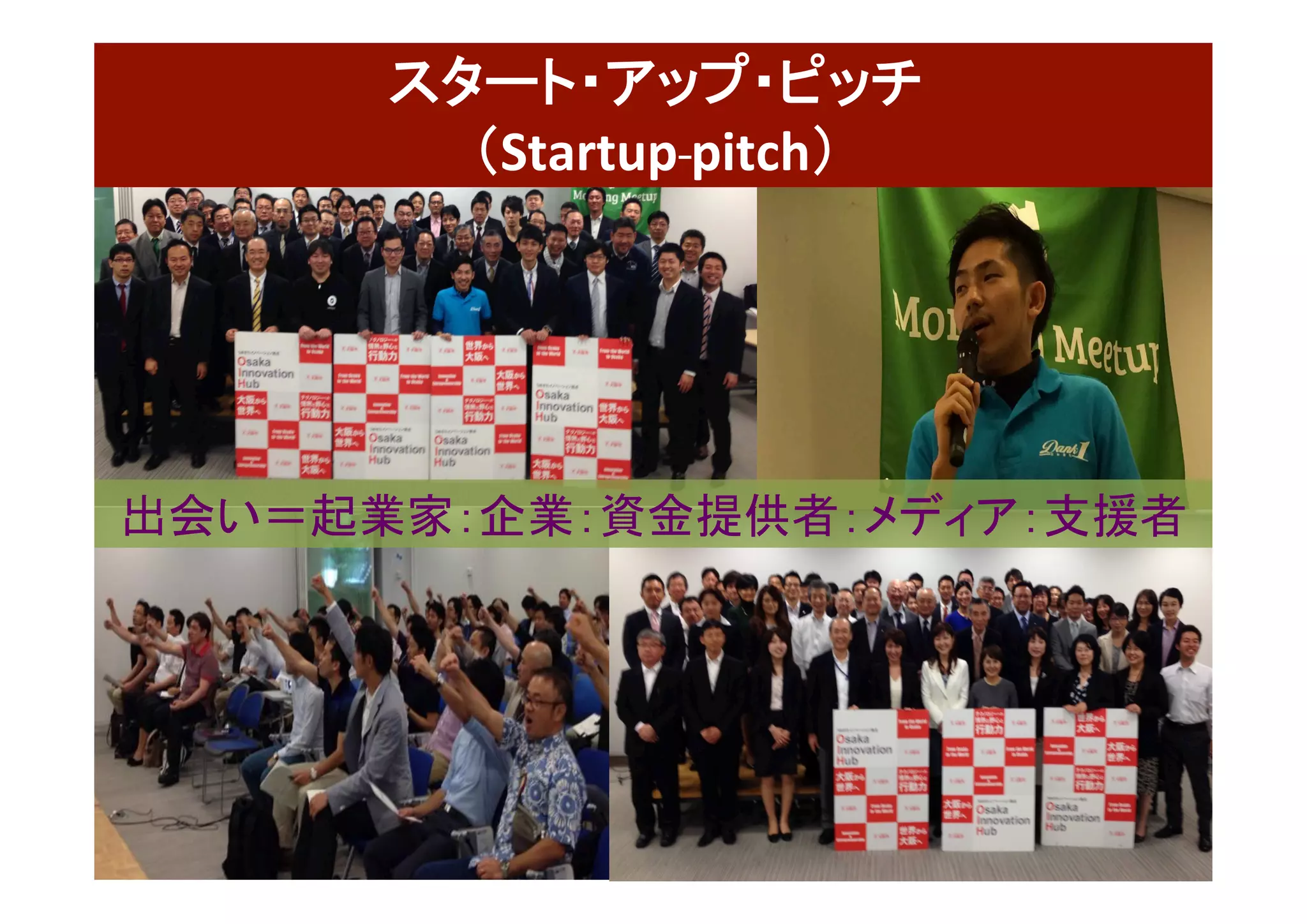 52	
出会い＝起業家：企業：資金提供者：メディア：支援者	
スタート・アップ・ピッチ	
（Startup	pitch） 	
 