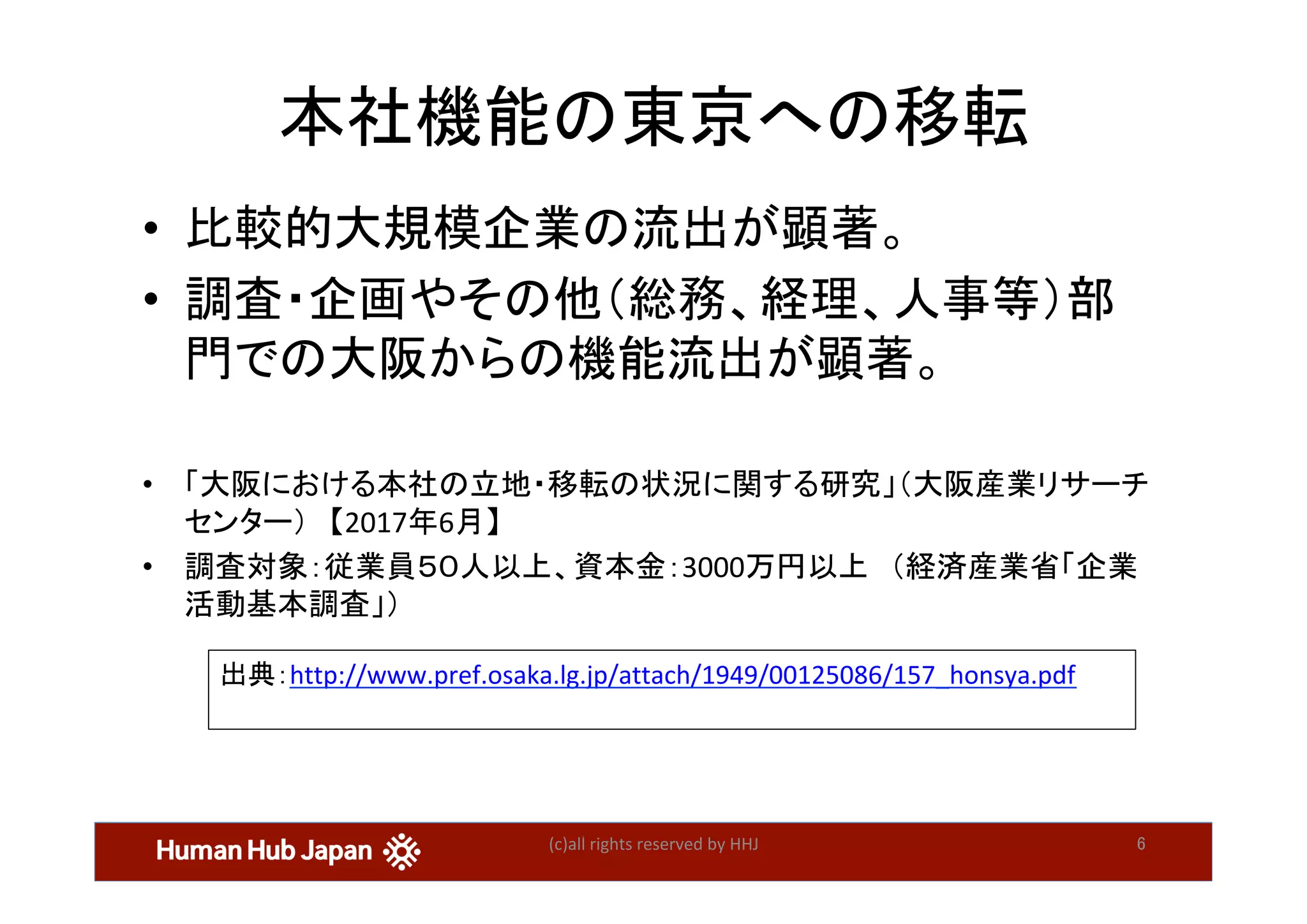本社機能の東京への移転	
•  比較的大規模企業の流出が顕著。	
•  調査・企画やその他（総務、経理、人事等）部
門での大阪からの機能流出が顕著。	
	
•  「大阪における本社の立地・移転の状況に関する研究」（大阪産業リサーチ
センター）　【2017年6月】	
•  調査対象：従業員５０人以上、資本金：3000万円以上　（経済産業省「企業
活動基本調査」）	
(c)all	rights	reserved	by	HHJ	 6	
出典：http://www.pref.osaka.lg.jp/attach/1949/00125086/157_honsya.pdf	
	
 
