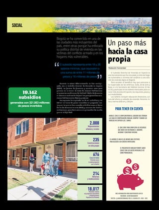 Subsidio
en especie:
otraopción
paratener
viviendadigna
Un paso más
hacia la casa
propia
Durante la actual Administración se han multipli-
cado, con el Subsidio Distrital de Vivienda en Especie
(SDVE), las formas de financiar y construir casa para
quienes no la tienen. Se trata de mejorar habitaciones
en precarias condiciones de habitabilidad o de financiar
elretornooreubicacióndefamiliasparagarantizarsolu-
ciones habitacionales dignas y seguras.
Esa apuesta ha superado los 19 mil subsidios y los
321 mil millones de pesos invertidos en proyectos rea-
les y en los que se han sumado subsidios como el Valor
Único de Reconocimiento (VUR) y recursos del Gobier-
no Nacional, para darle valor a lo primordial de la vida
que es la dignidad.
El Subsidio Distrital de Vivienda en Especie es
una herramienta que ha vinculado a miles de hoga-
res vulnerables o víctimas del conflicto a una solu-
ción de vivienda digna en Bogotá.
Para acceder al beneficio hay que acercarse a
los Supercades de las Américas, Suba, 20 de Julio y
Bosa o a la Secretaría del Hábitat (carrera 13 No.
52-25) y participar en los talleres mensuales para co-
nocer más de esta útil opción, los requisitos, pasos y
sus modalidades.
Los talleres incluyen educación financiera, cul-
tura del ahorro y subsidio de vivienda. Horarios: lu-
nes a viernes 8:00 am y 2:00 pm.
Bogotá se ha convertido en una de
las ciudades más incluyentes del
país, entre otras porque ha enfocado
su política distrital de vivienda en las
víctimas del conflicto armado y en los
hogares más vulnerables.
El subsidio representa entre 18 y 26
salarios mínimos, que equivalen a
una suma de entre 11 millones de
pesos y 16 millones de pesos
Redacción Humanidad
generados con 321.063 millones
de pesos invertidos
19.142
subsidios
MÁS INFORMACIÓN WWW.HABITATBOGOTA.GOV.CO
FACEBOOK: SECRETARIAHABITAT
TWITTER: @HABITATCOMUNICA PBX (1) 3581600 EXT.: 1009 - 1003
SOCIAL
PARA TENER EN CUENTA
EL PRESUPUESTO FAMILIAR PERMITE SABER
CUÁLES SON LOS GASTOS MENSUALES ASÍ
COMO PRIORIZARLOS.
EL AHORRO ES UNO DE LOS MEDIOS MÁS EFECTIVOS
PARA ACCEDER A UN CRÉDITO HIPOTECARIO.
AHORA EL SDVE ES COMPLEMENTARIO AL SUBSIDIO QUE OTORGAN
LAS CAJAS DE COMPENSACIÓN FAMILIAR, SIEMPRE Y CUANDO LOS
INGRESOS NO SUPEREN LOS 2 SMMLV.
EL SDVE SIRVE PARA COMPLETAR LOS RECURSOS
QUE DEBEN SER DESTINADOS A ADQUIRIR,
MEJORAR Y CONSTRUIR VIVIENDA.
3humanidadAGOSTO 2015 Edición No. 51
 