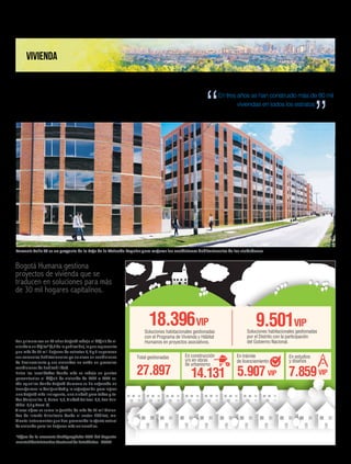 Baja déficit habitacional
y crece la ciudad incluyente
Por primera vez en 12 años Bogotá redujo el déficit de vi-
viendaaundígito*(9,1delapoblación),loquerepresenta
que más de 30 mil hogares de estratos 1, 2 y 3 superaron
sus carencias habitacionales: ya no viven en condiciones
de hacinamiento y sus viviendas no están en precarias
condiciones de habitabilidad.
Entre las localidades donde más se redujo en puntos
porcentuales el déficit de vivienda de 2011 a 2014 es-
tán aquellas donde Bogotá Humana se ha enfocado en
transformar la desigualdad y la segregación para lograr
una Bogotá más incluyente, una ciudad para todas y to-
dos (Tunjuelito -8, Usme -7,8, Ciudad Bolívar -7,7, San Cris-
tóbal -6,7 y Bosa -6) .
A esas cifras se suma la gestión de más de 27 mil Vivien-
das de Interés Prioritario desde el sector hábitat, me-
diante instrumentos que han promovido la oferta actual
de vivienda para los hogares más vulnerables.
*Cifras de la encuesta Multipropósito 2014 del Departa-
mento Administrativo Nacional de Estadística - DANE
Bogotá Humana gestiona
proyectos de vivienda que se
traducen en soluciones para más
de 30 mil hogares capitalinos.
Porvenir Calle 55 es un proyecto de la Caja de la Vivienda Popular para mejorar las condiciones habitacionales de los ciudadanos.
En tres años se han construido más de 80 mil
viviendas en todos los estratos
Redacción Humanidad
VIVIENDA
Soluciones habitacionales gestionadas
con el Programa de Vivienda y Hábitat
Humanos en proyectos asociativos.
18.396VIP
Soluciones habitacionales gestionadas
por el Distrito con la participación
del Gobierno Nacional.
9.501VIP
Total gestionadas
27.897
En construcción
y/o en obras
de urbanismo
14.131
En trámite
de licenciamiento
5.907
En estudios
y diseños
VIP VIP7.859
4 humanidad AGOSTO 2015 Edición No. 51
 