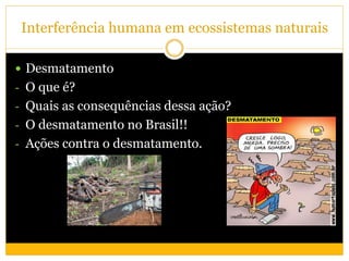Interferência humana em ecossistemas naturais
 Desmatamento
- O que é?
- Quais as consequências dessa ação?
- O desmatamento no Brasil!!
- Ações contra o desmatamento.
 